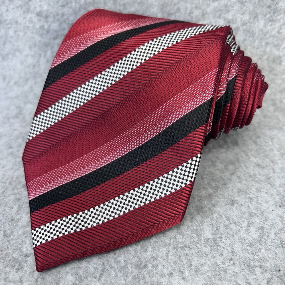 Mens 100% Silk Wide Striped Necktie Red Black White Self Tipped 60" x 4"